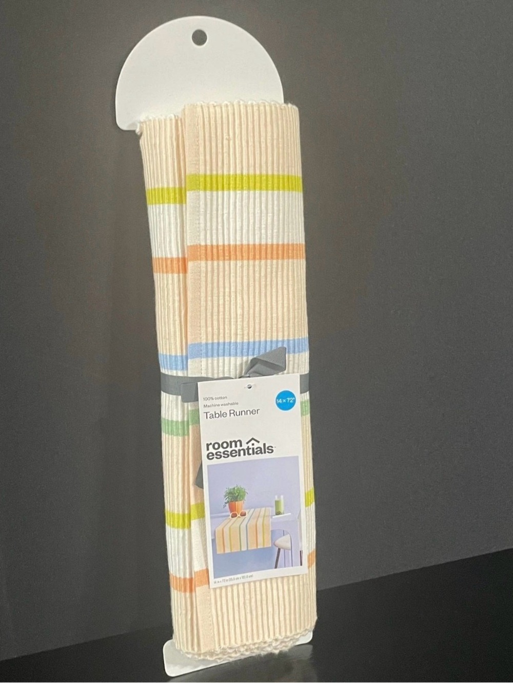 Room Essentials Cream Table Runner with Yellow, Orange, Blue and Green Stripes